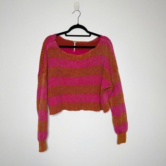 Free People Just My Stripe Sweater Pink Orange Round Neck Cotton Women Sz Small - Picture 3 of 6